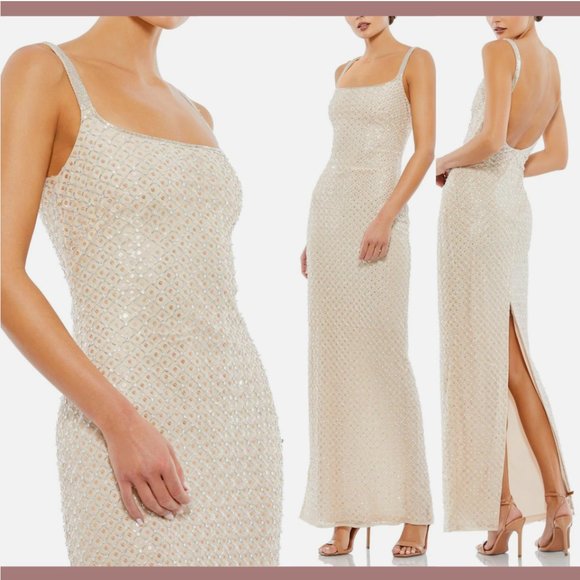 NWT $398 Mac Duggal [ 10 ] Sequin Spaghetti Strap Column Gown in‎ Nude #Q523